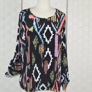 Moa Moa Black Multi Color Patterned Blouse, Size S
